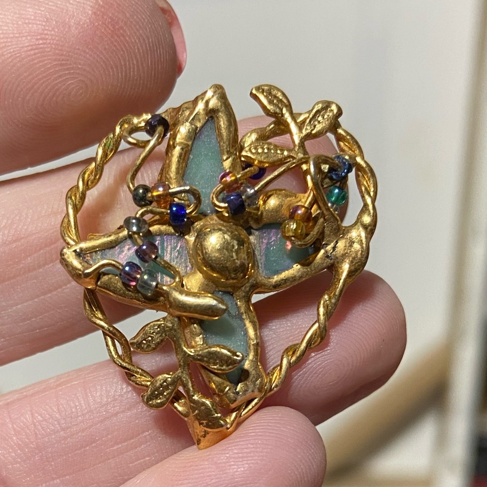 Artsy Gold Tone Brooch With Wire Wrap, Seed Bead and Flower Accents.
